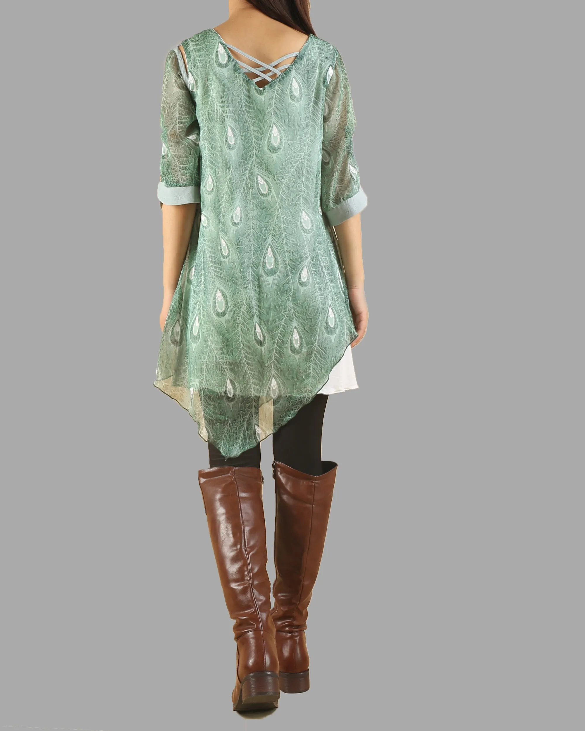 Peacock feather printed dress, silk dress, half sleeve tunic dress, modal cotton dress, summer dress, tunic top for leggings(Q1050)