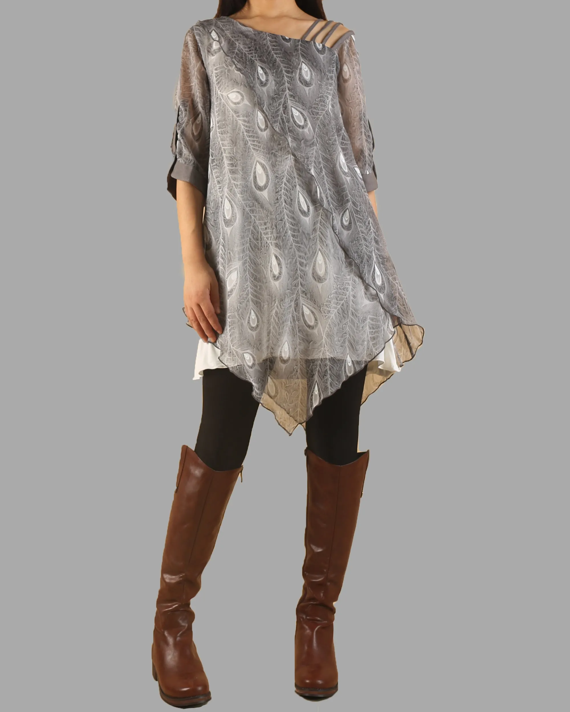 Peacock feather printed dress, silk dress, half sleeve tunic dress, modal cotton dress, summer dress, tunic top for leggings(Q1050)