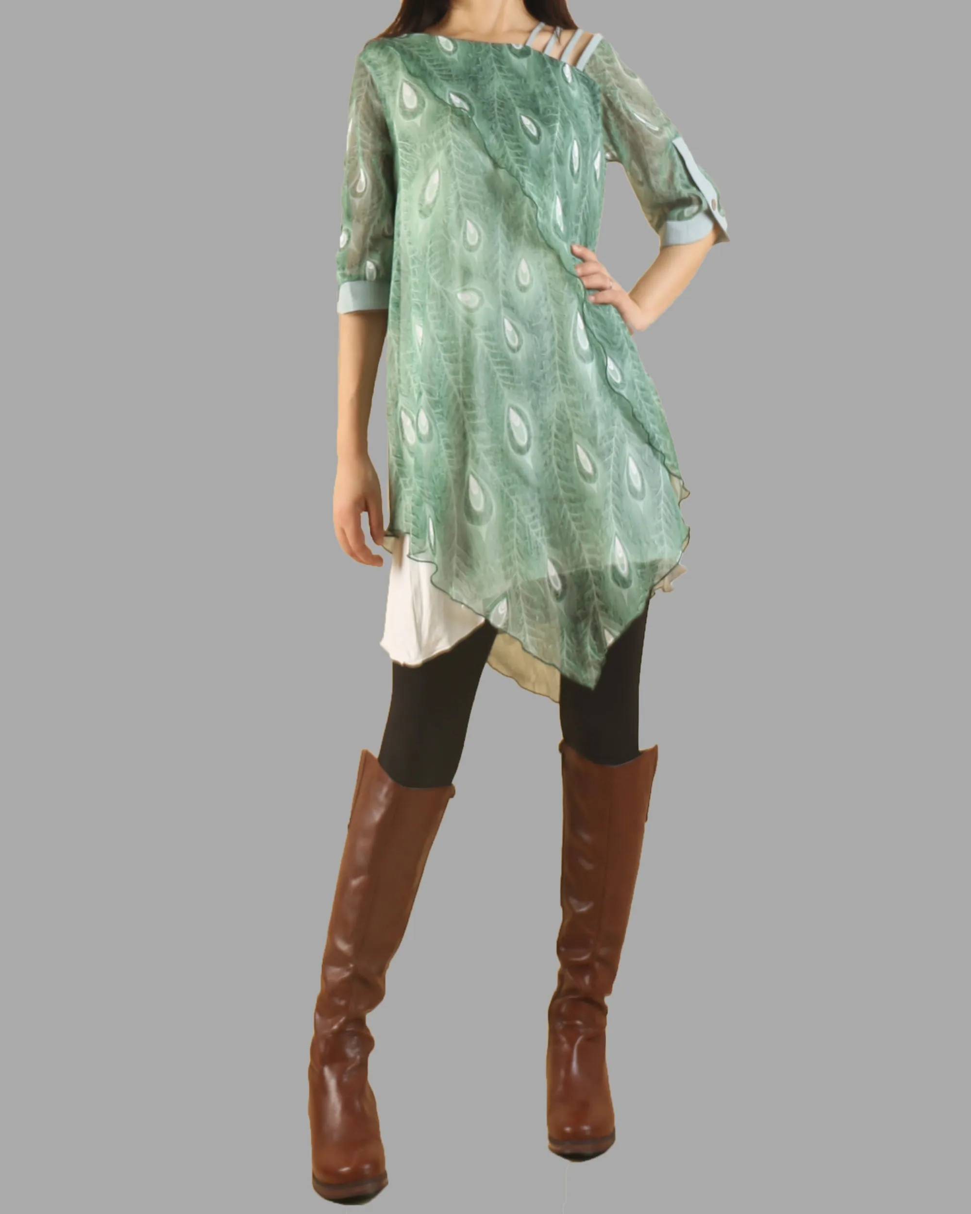 Peacock feather printed dress, silk dress, half sleeve tunic dress, modal cotton dress, summer dress, tunic top for leggings(Q1050)