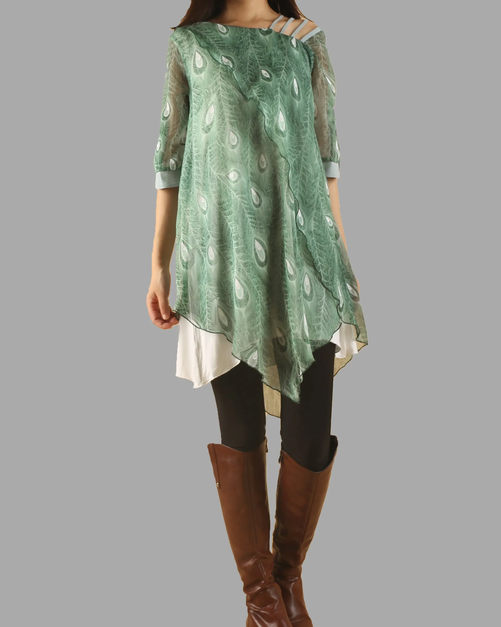 Peacock feather printed dress, silk dress, half sleeve tunic dress, modal cotton dress, summer dress, tunic top for leggings(Q1050)