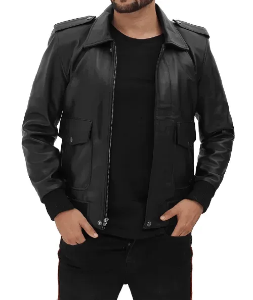 Pesaro Men's Bomber Black Leather Jacket