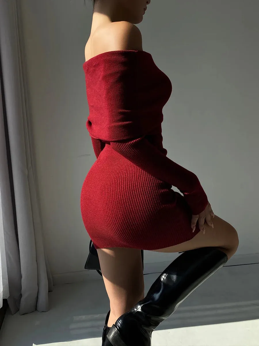 Pure Color Elegant Knitted Dress Woman Bodycon Slim Y2K Mini Dress Casual Party Korean Fashion Long Sleeve 2023 Winter C-260