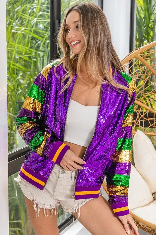 Purple Mardi Gras Color Block Sequin Bomber Jacket