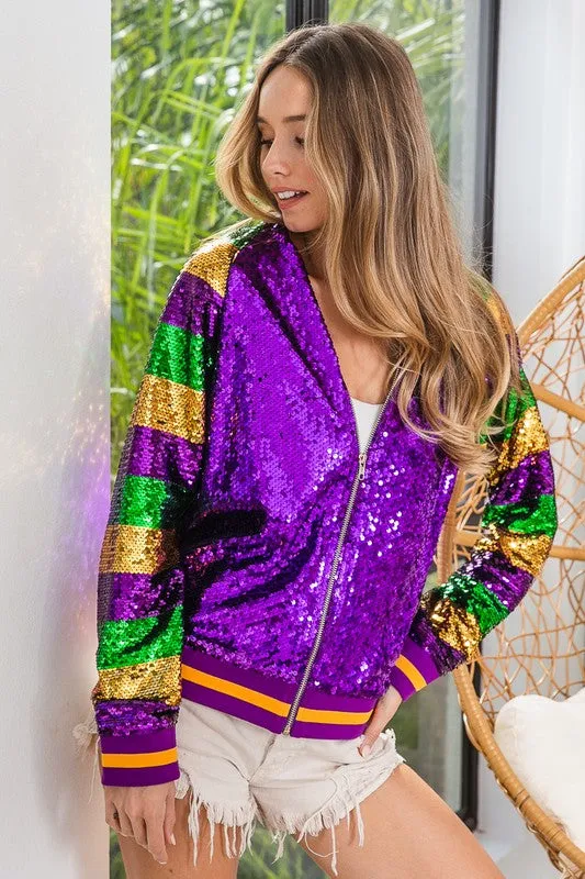 Purple Mardi Gras Color Block Sequin Bomber Jacket