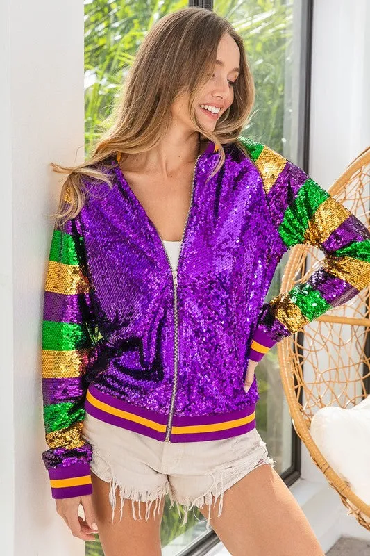 Purple Mardi Gras Color Block Sequin Bomber Jacket