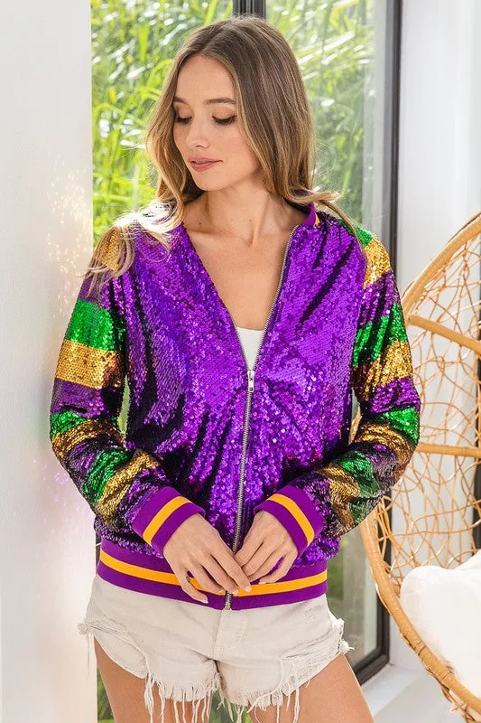 Purple Mardi Gras Color Block Sequin Bomber Jacket