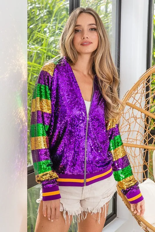 Purple Mardi Gras Color Block Sequin Bomber Jacket