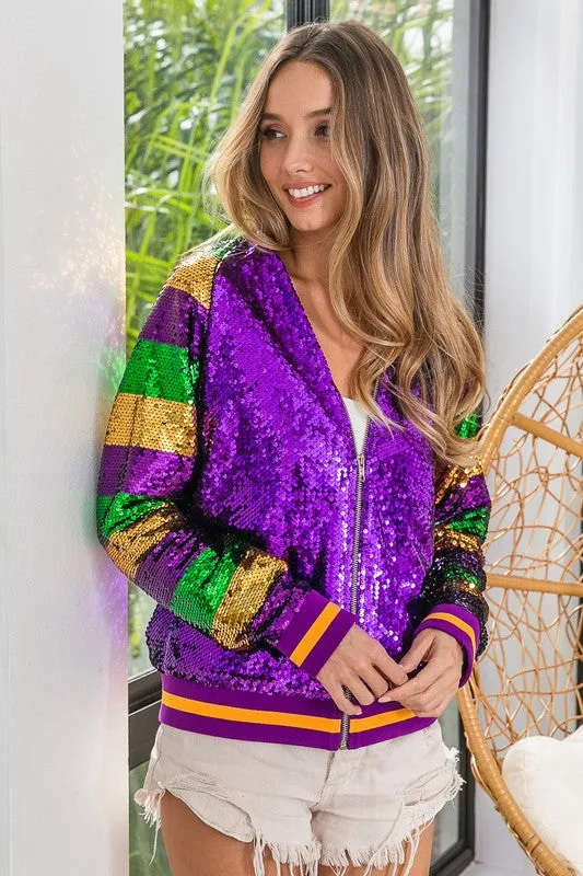 Purple Mardi Gras Color Block Sequin Bomber Jacket