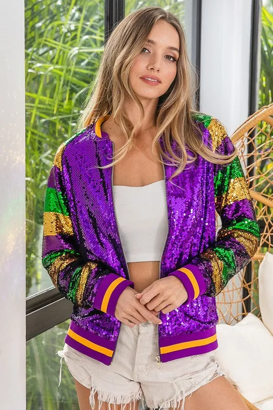 Purple Mardi Gras Color Block Sequin Bomber Jacket