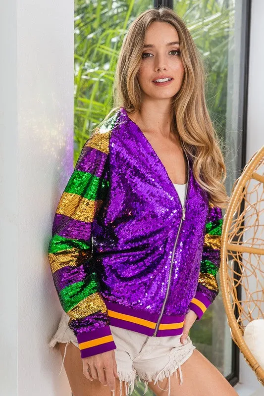 Purple Mardi Gras Color Block Sequin Bomber Jacket