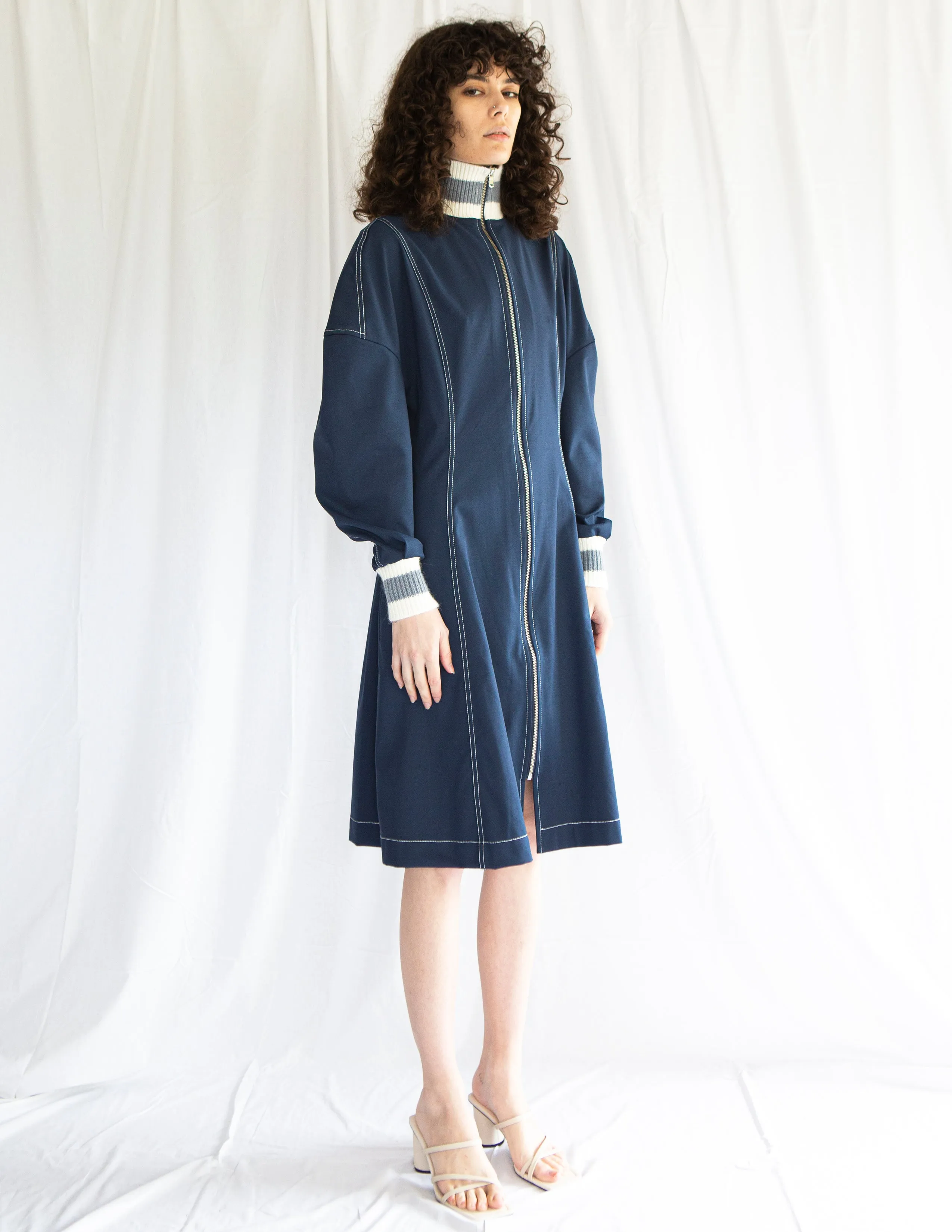 Slouchy Track Coat Dress in Navy Ponte