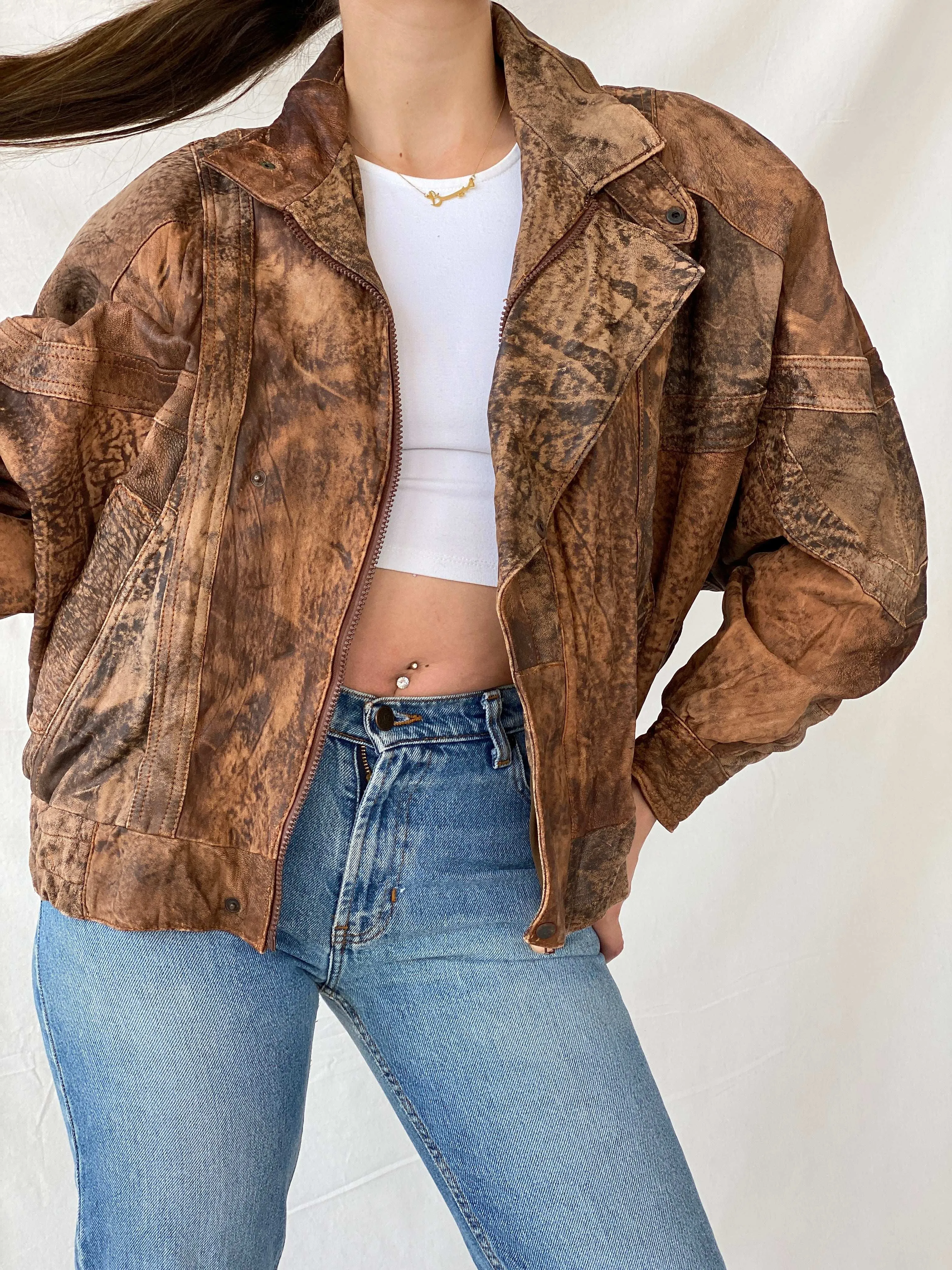 Statement Vintage 90s Distressed Brown Bomber Leather Jacket - L