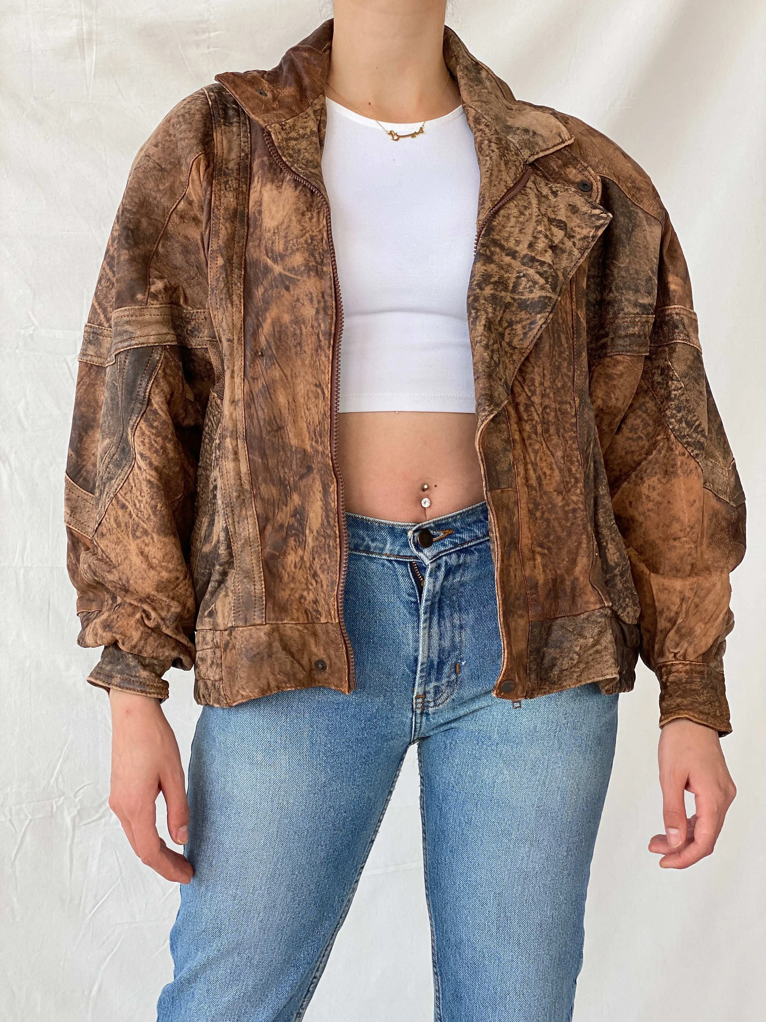 Statement Vintage 90s Distressed Brown Bomber Leather Jacket - L