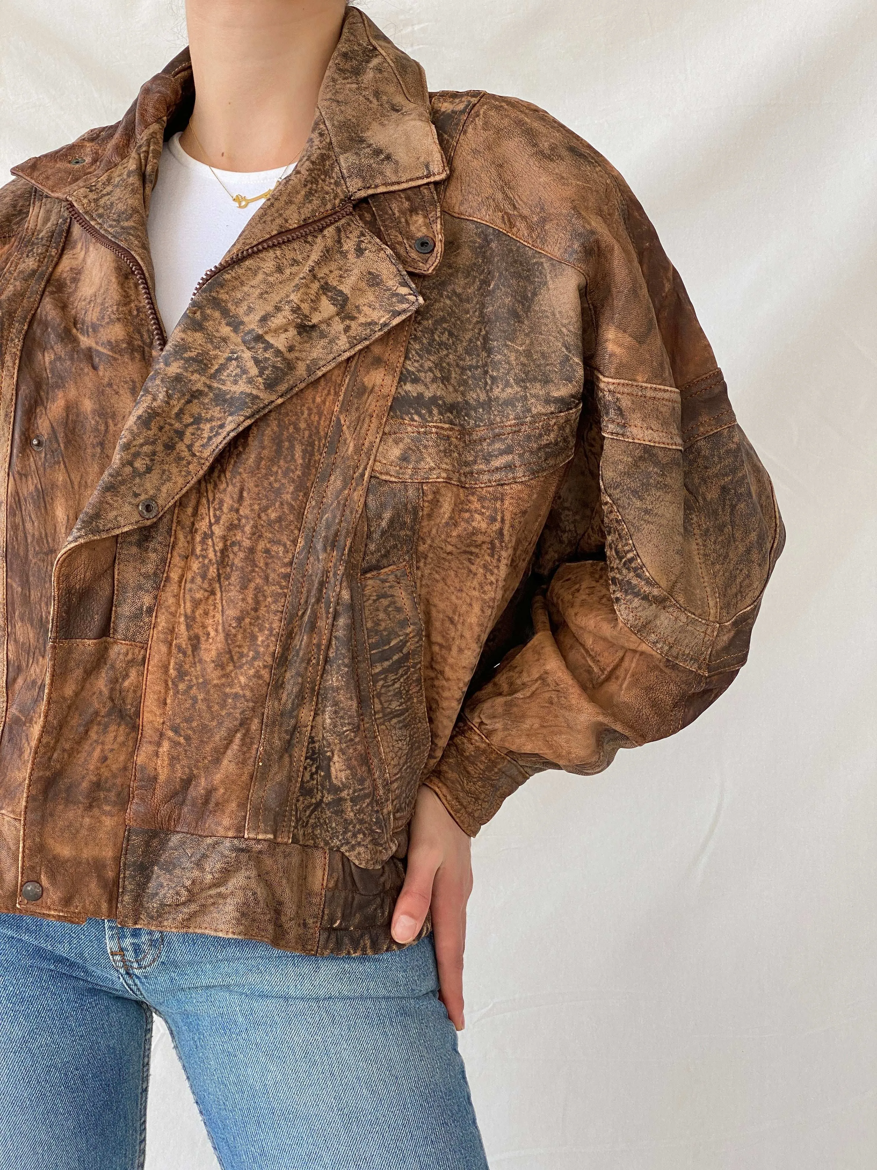 Statement Vintage 90s Distressed Brown Bomber Leather Jacket - L