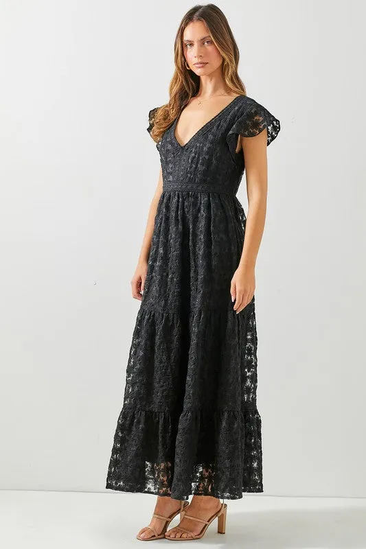 Teanna Short Sleeve Floral Print Lace Maxi Dress Black