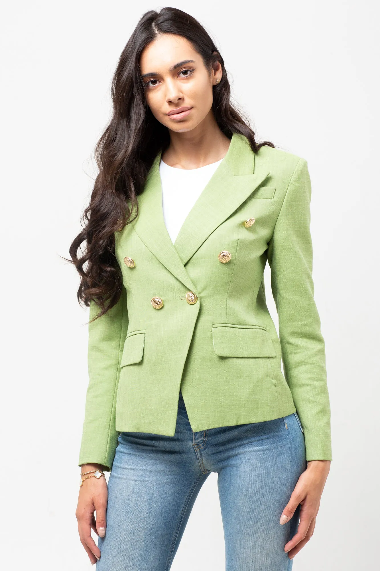 TEXTURED LIGHT GREEN GOLD BUTTON BLAZER