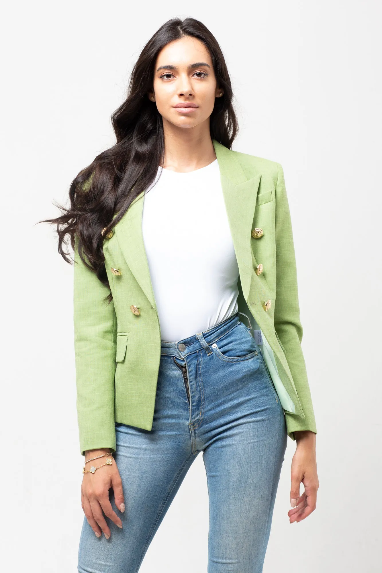 TEXTURED LIGHT GREEN GOLD BUTTON BLAZER