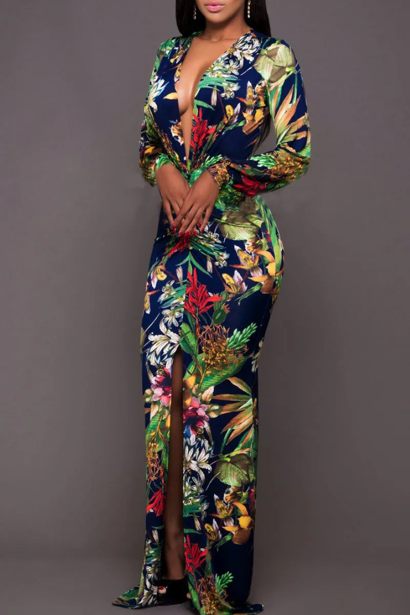 Tropical Deep Plunge Neck Leg Split Maxi Resort Dress