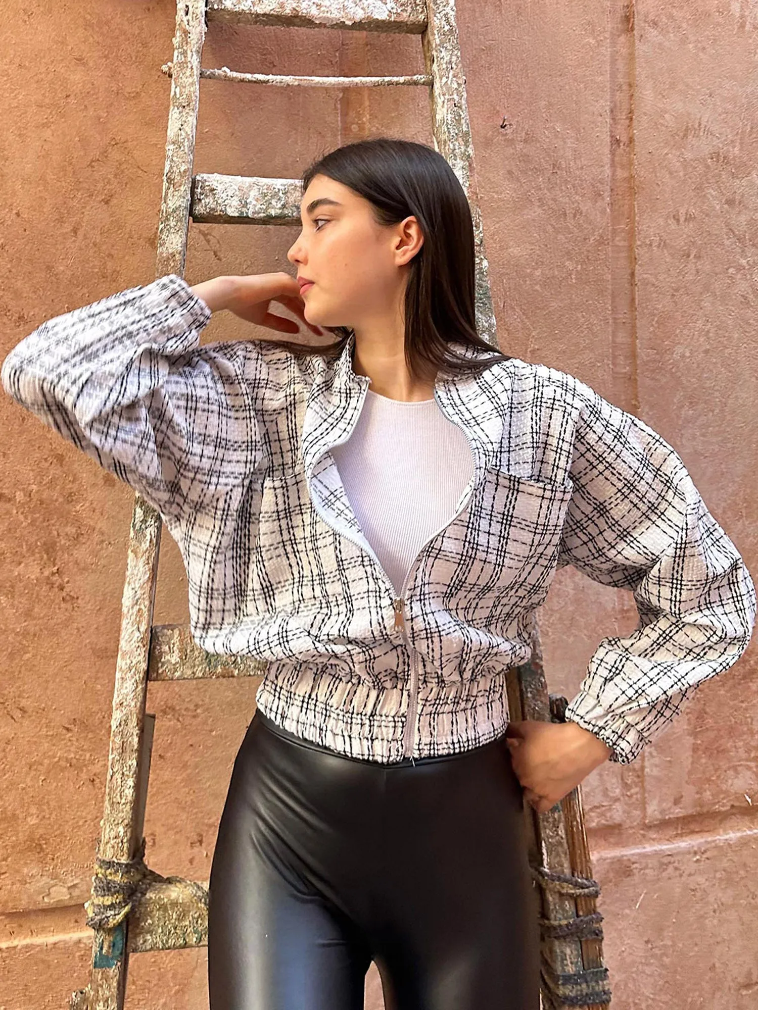 Tweed Bomber Jacket With Pockets - Leocansa