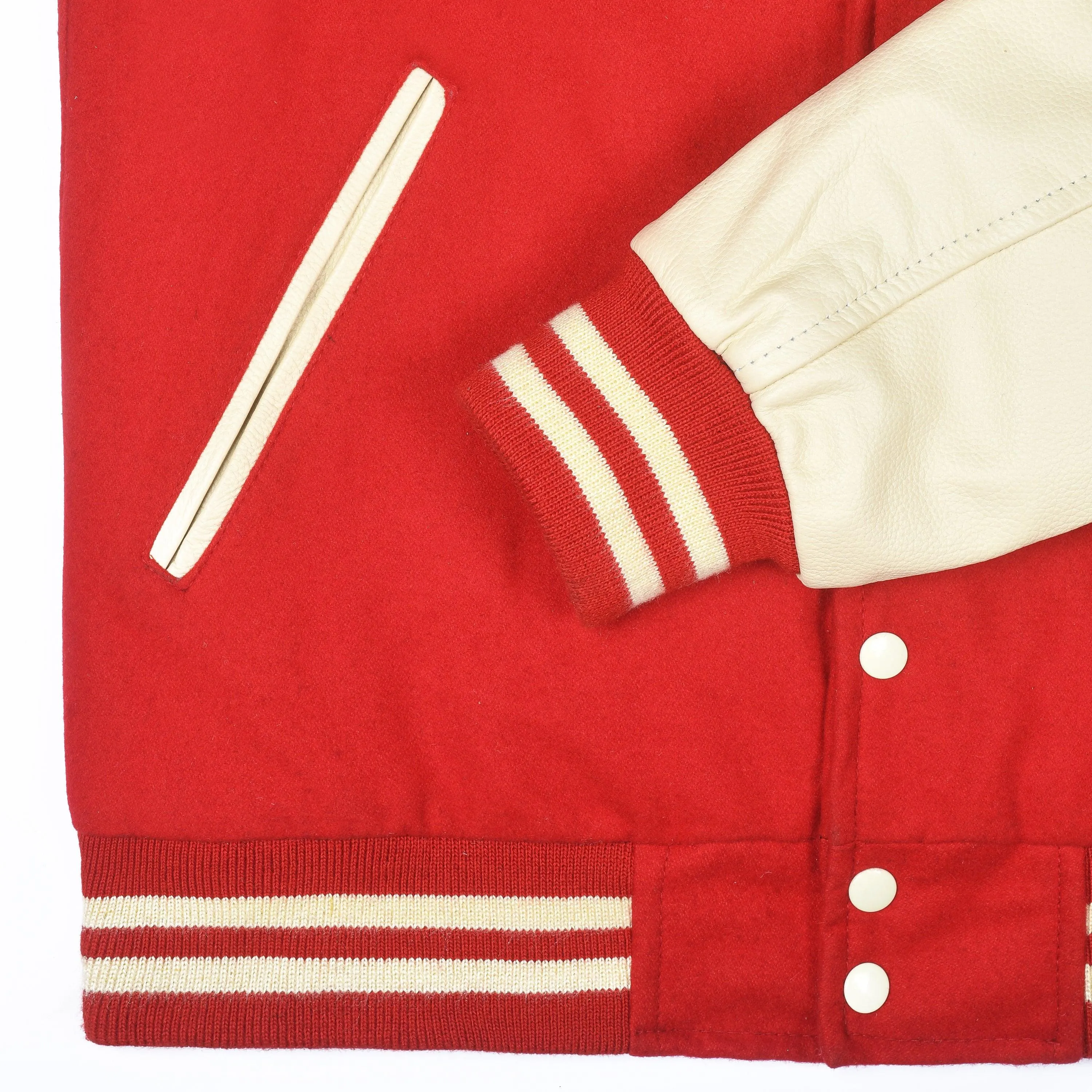 Warrior Gears Classic Hybrid Varsity Jacket University Letterman Bomber Jacket, Pure Wool & Original Cowhide Leather Jacket, Red Wool Body & Off White Leather Sleeves