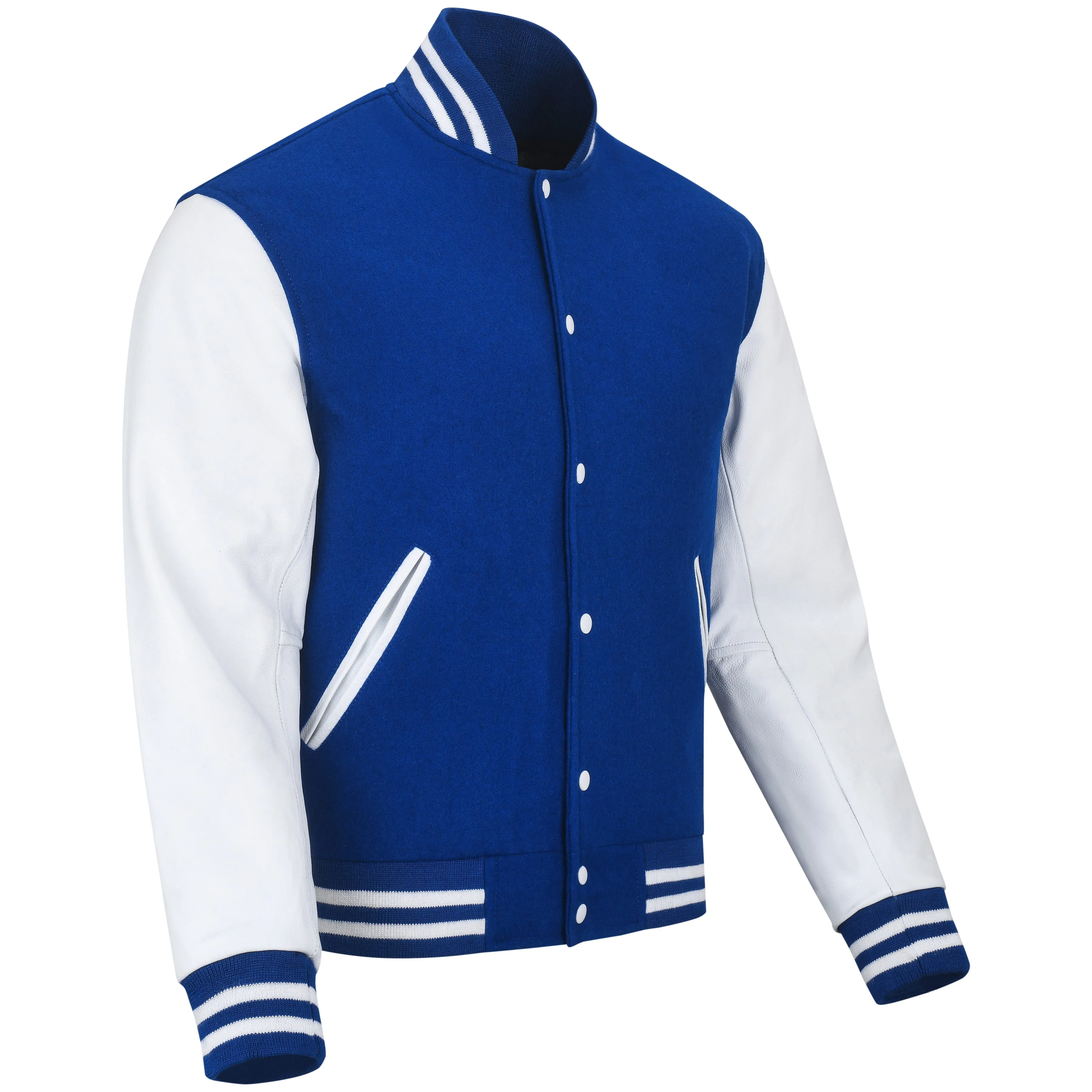 Warrior Gears Classic Hybrid Varsity Jacket University Letterman Bomber Jacket, Pure Wool & Original Cowhide Leather Jacket, Royal Pure Wool Body & White Real Leather Sleeves