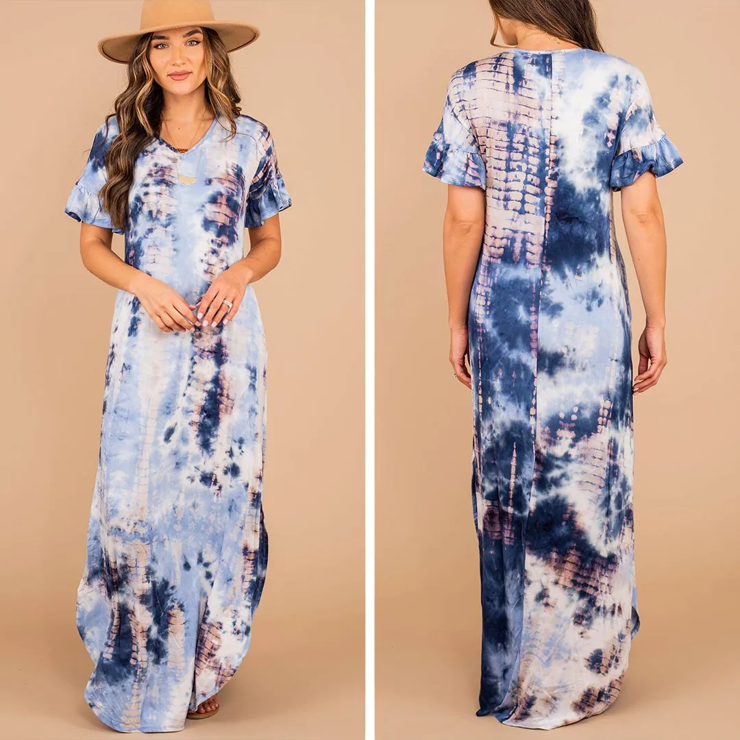 What You Need Navy Blue Tie Dye Maxi Dress