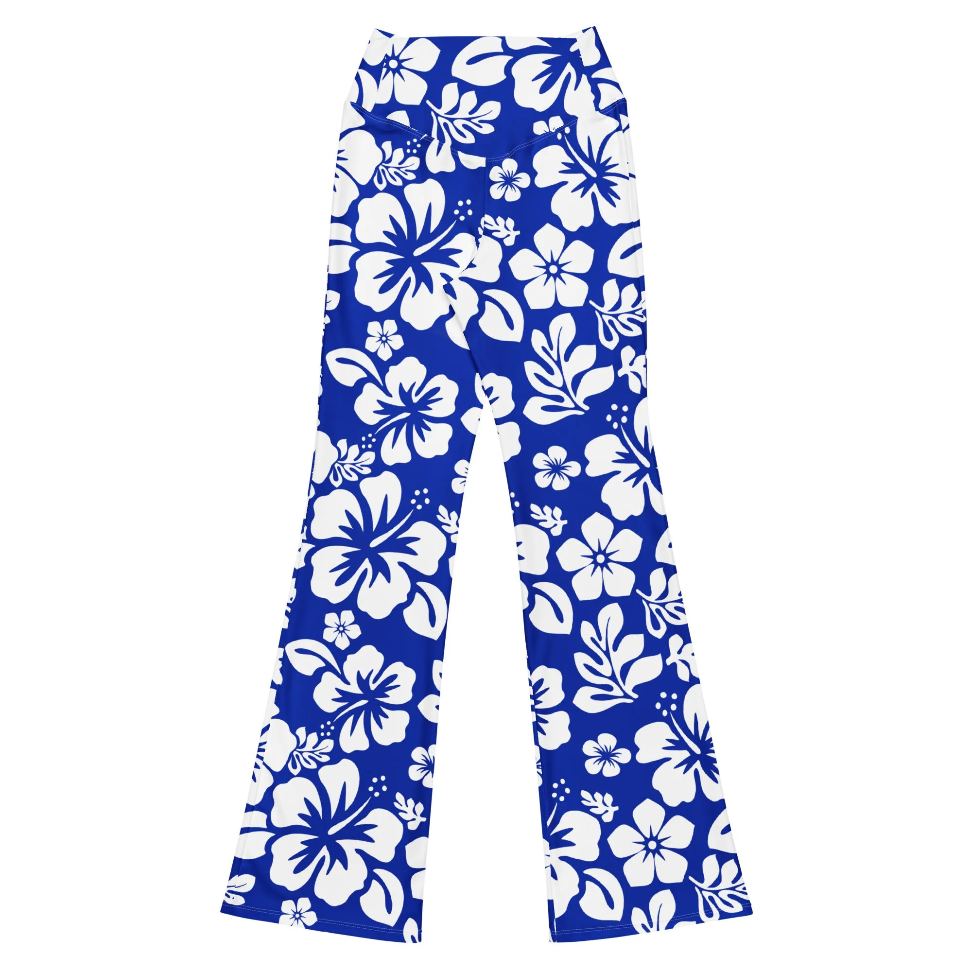 White and Royal Blue Hawaiian Flowers Flare Leggings