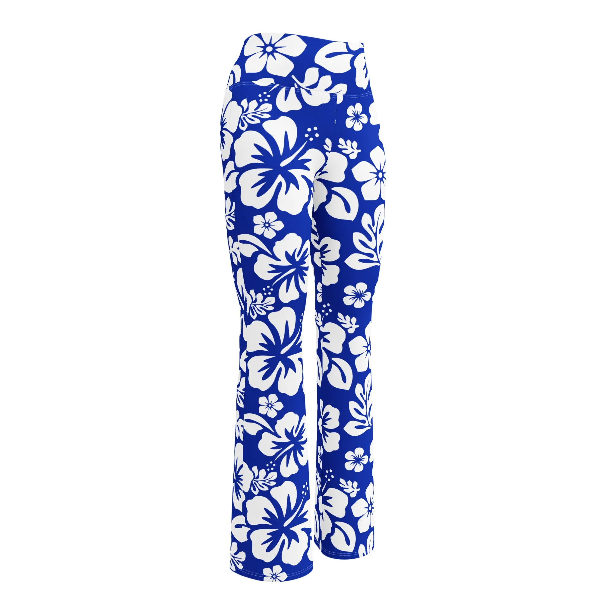 White and Royal Blue Hawaiian Flowers Flare Leggings