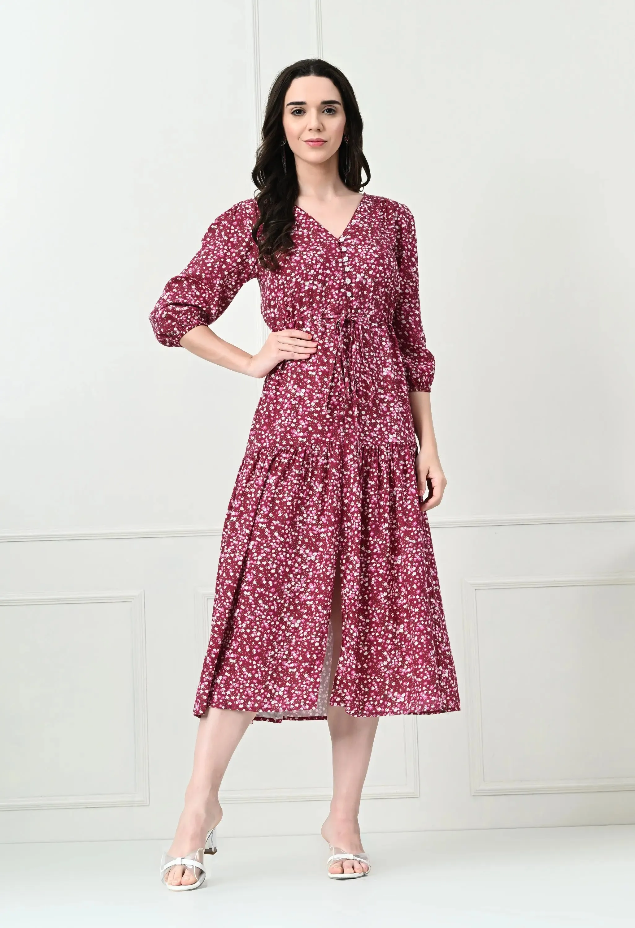 Wine Floral V-Neck Maxi Dress with Tie Waist