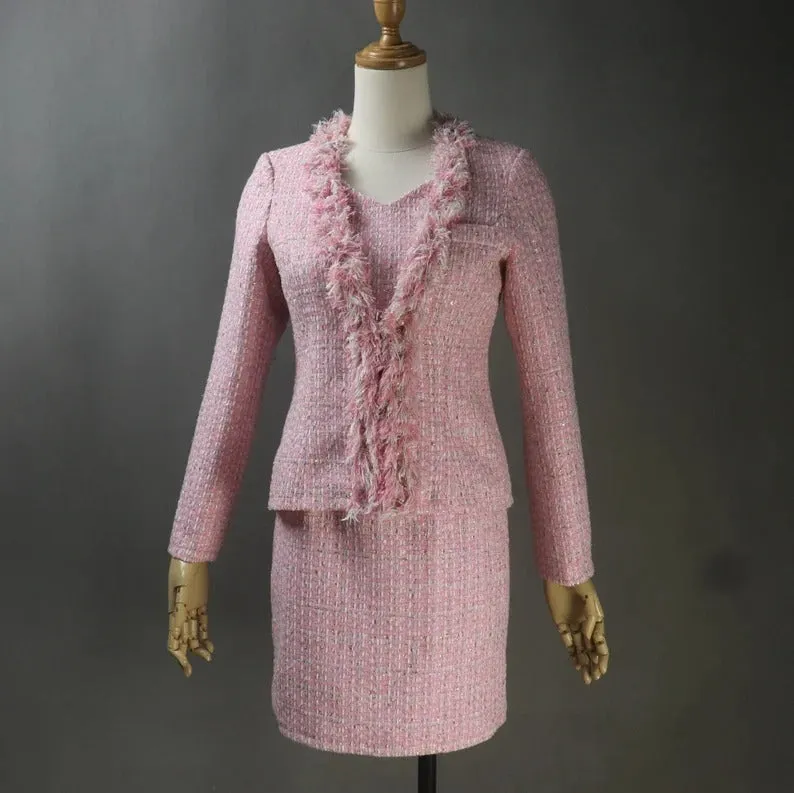 Women Custom Made Tweed Pink Colour Tassel Fringe Dress/Shorts/Skirt Suit