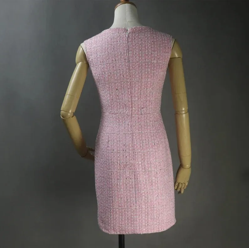 Women Custom Made Tweed Pink Colour Tassel Fringe Dress/Shorts/Skirt Suit