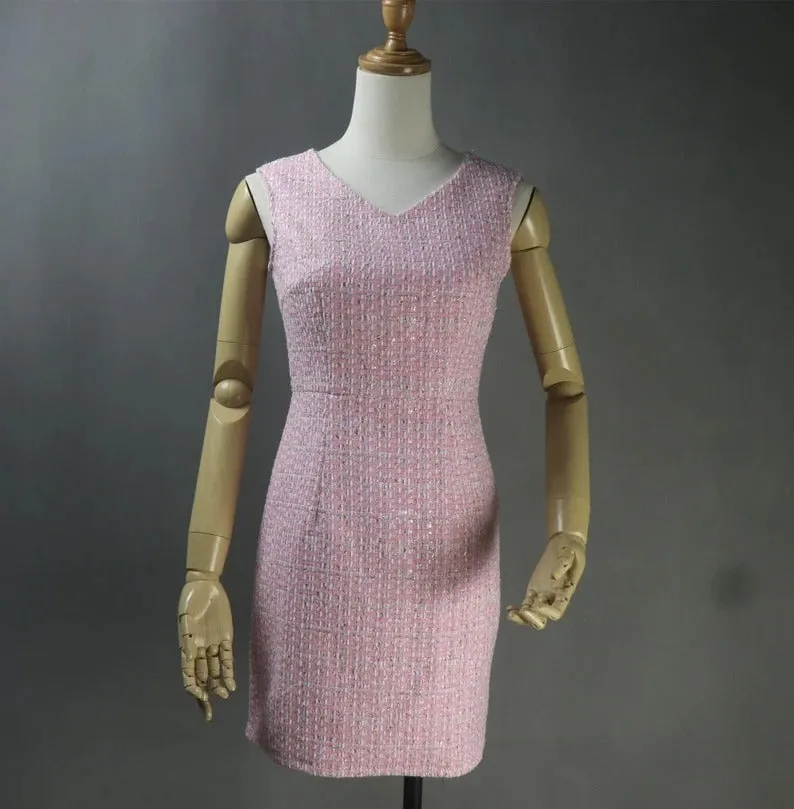 Women Custom Made Tweed Pink Colour Tassel Fringe Dress/Shorts/Skirt Suit