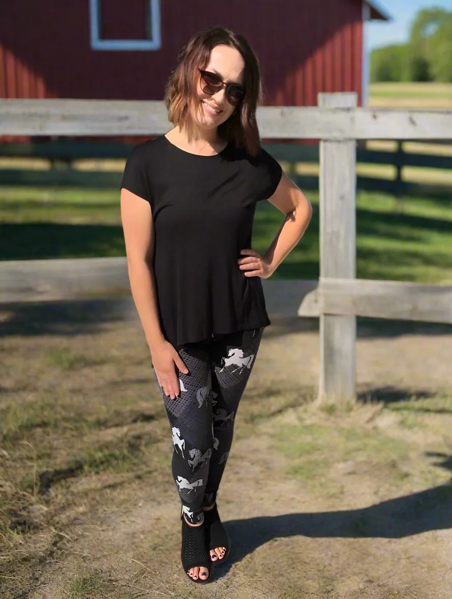 Womens Black Horse Leggings, Soft Yoga Pants, Sizes 0-20, Yoga Waist, Black/White