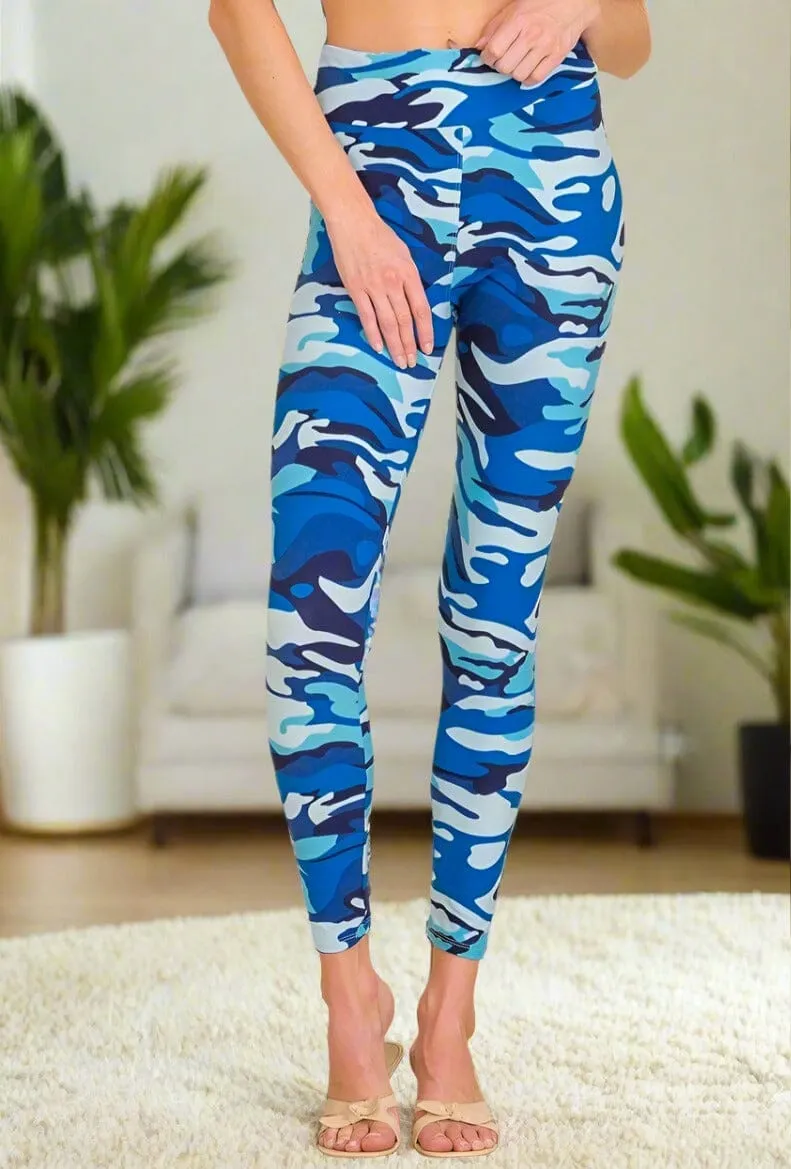 Womens Blue Camouflage Leggings, Soft Yoga Pants, Sizes OS/TC, Yoga Waist, Blue/Black