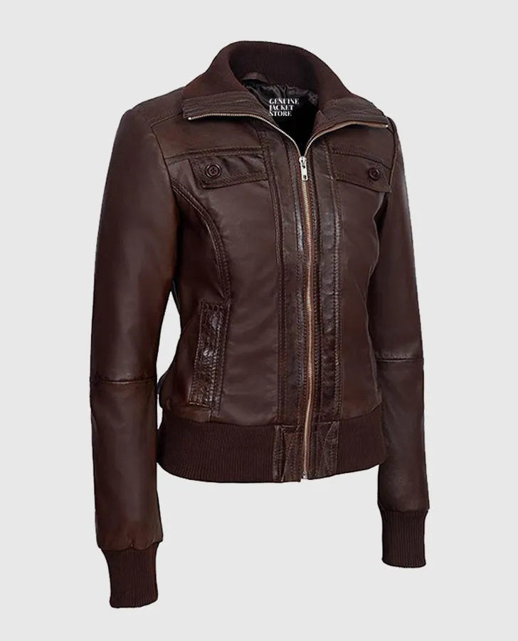 Women's Bomber Brown Leather Jacket