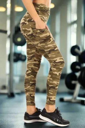 Womens Green Camouflage Pocket Leggings, Athletic Compression Yoga Pants, Plus Size 1xl/2xl/3xl, Green/Brown