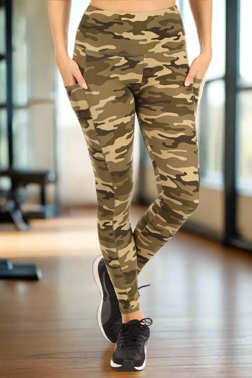 Womens Green Camouflage Pocket Leggings, Athletic Compression Yoga Pants, Plus Size 1xl/2xl/3xl, Green/Brown