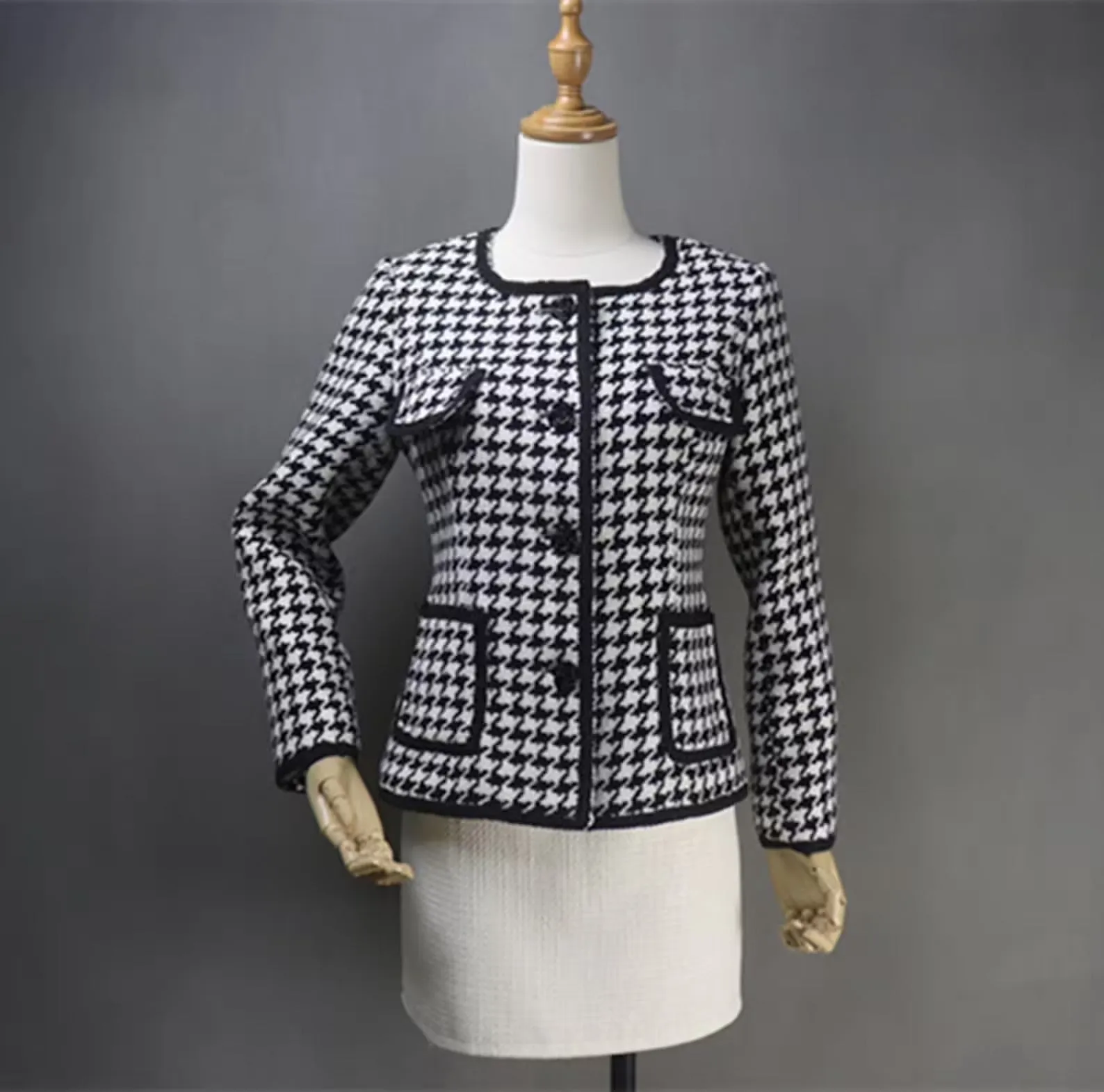 Women's Houndstooth Flower Buttons Jacket Coat Blazer