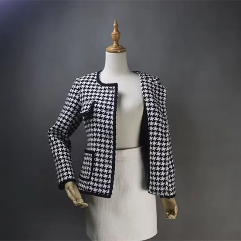 Women's Houndstooth Flower Buttons Jacket Coat Blazer