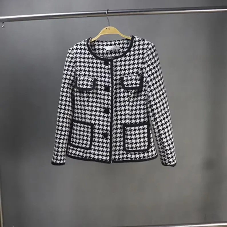 Women's Houndstooth Flower Buttons Jacket Coat Blazer