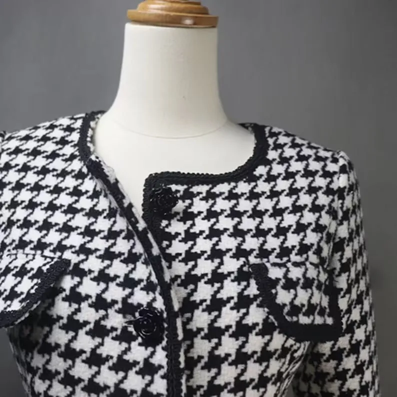 Women's Houndstooth Flower Buttons Jacket Coat Blazer