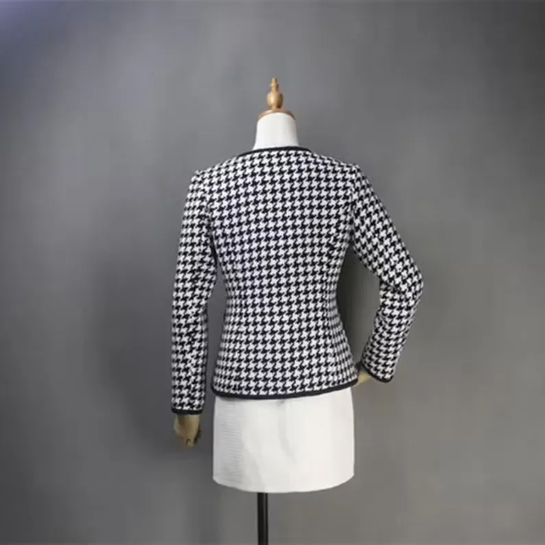 Women's Houndstooth Flower Buttons Jacket Coat Blazer