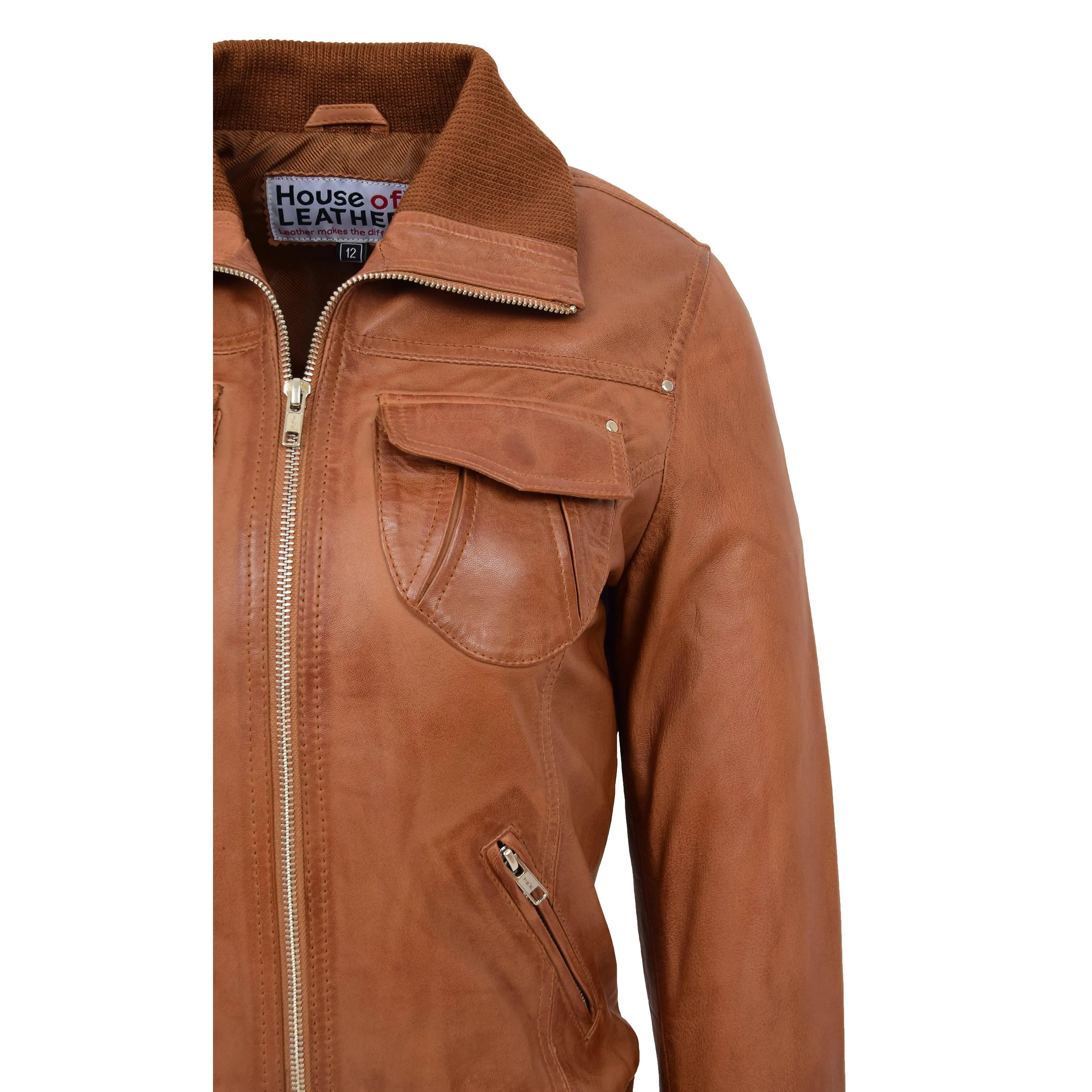 Womens Leather Classic Bomber Jacket Motto Tan