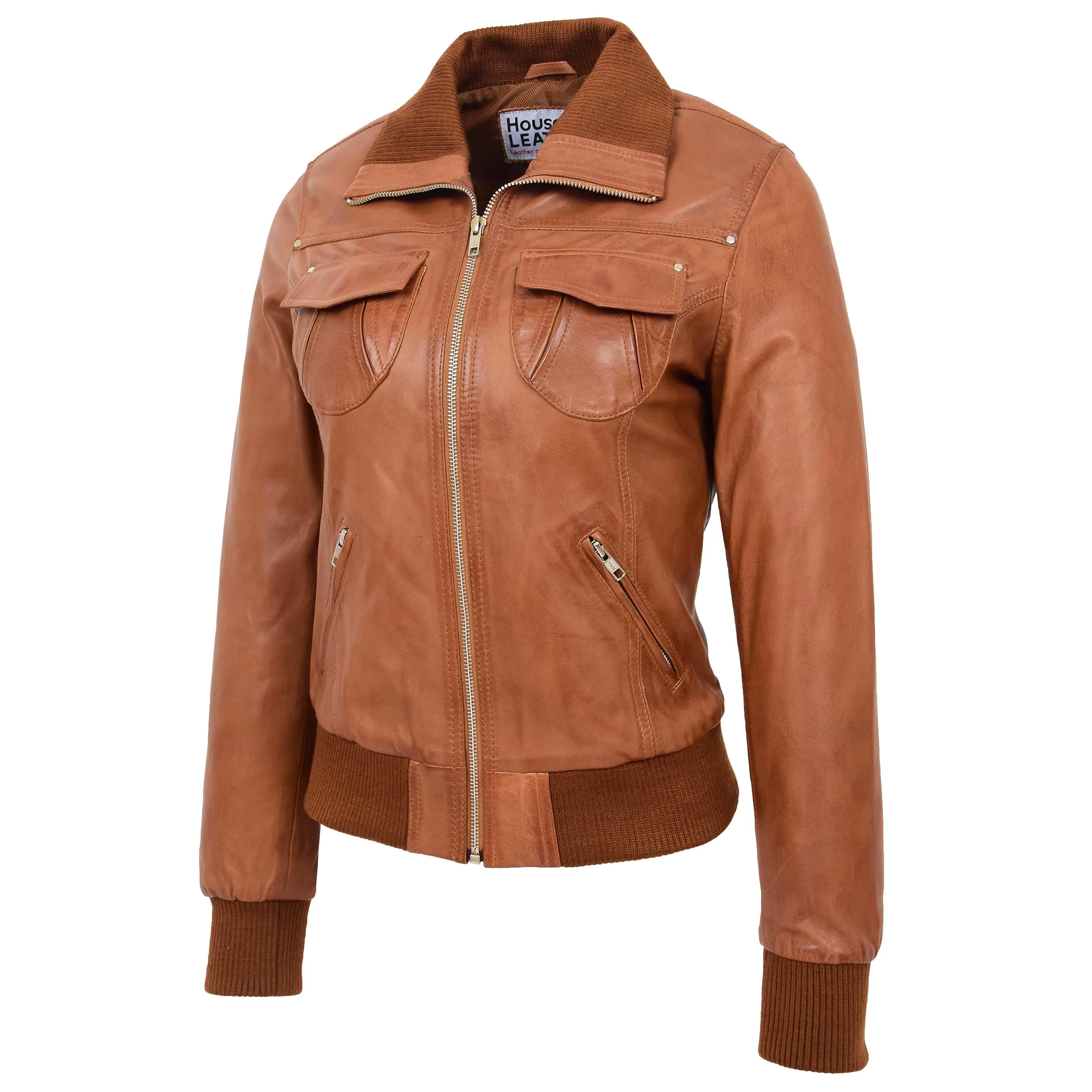 Womens Leather Classic Bomber Jacket Motto Tan