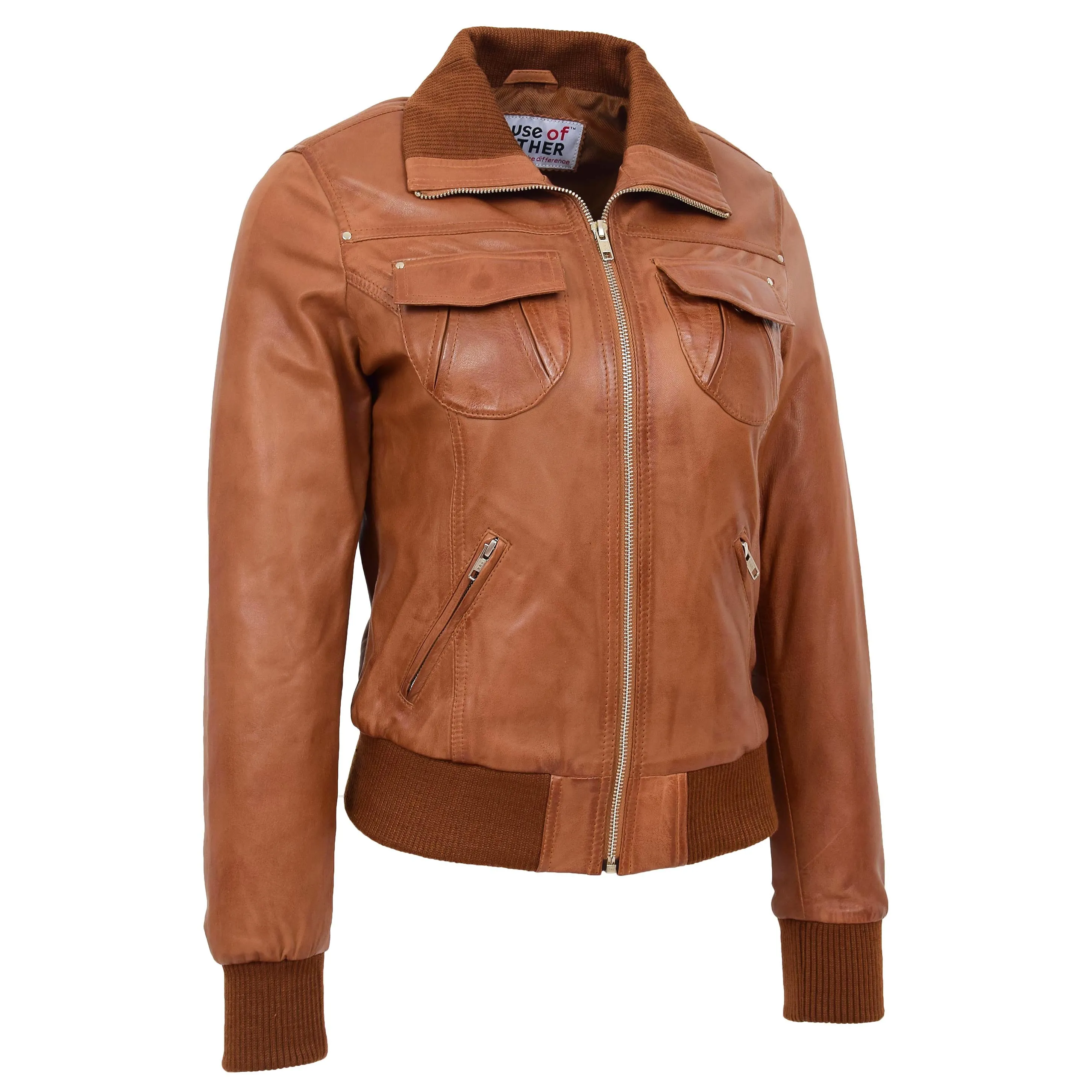 Womens Leather Classic Bomber Jacket Motto Tan