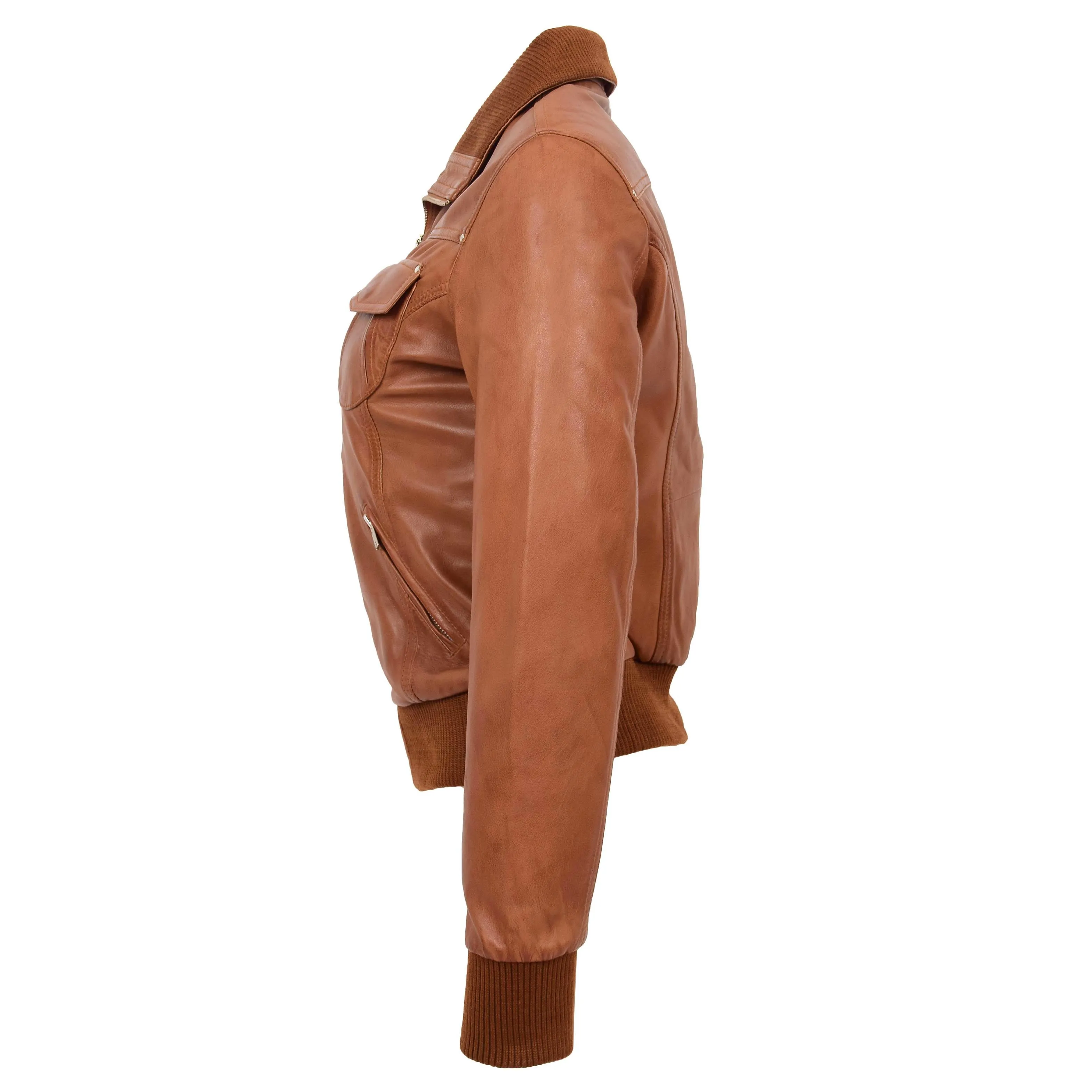 Womens Leather Classic Bomber Jacket Motto Tan