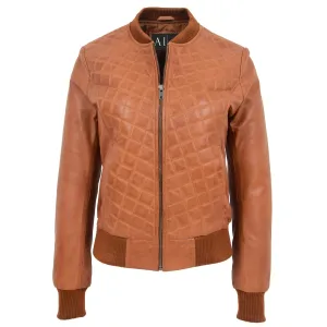 Womens Real Leather Bomber Jacket Tan Diamond Quilted Fitted Varsity Storm