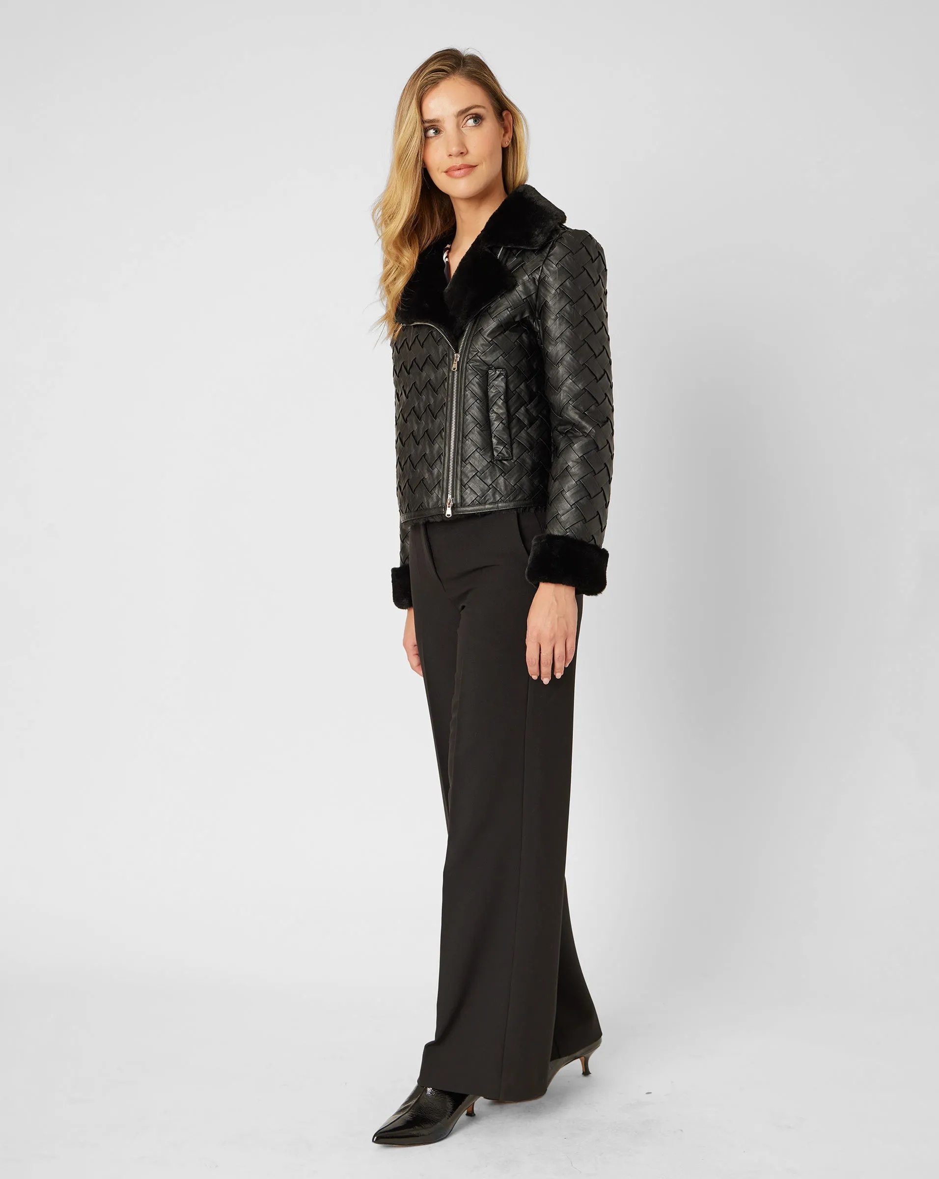 Woven Faux Leather with Faux Fur Lining Moto Jacket