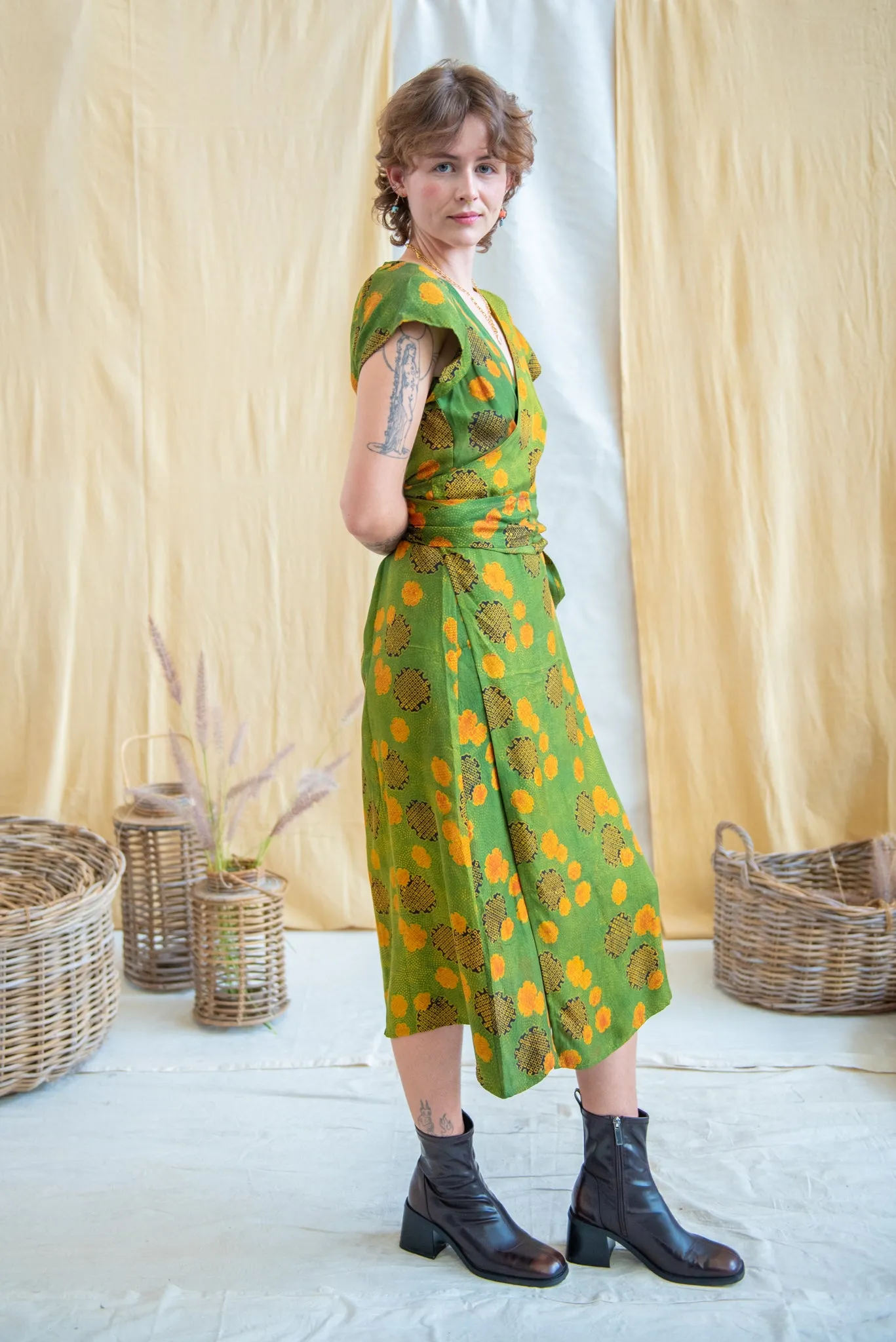 Wrap Tie Dress- Silk Modal - Green/Yellow