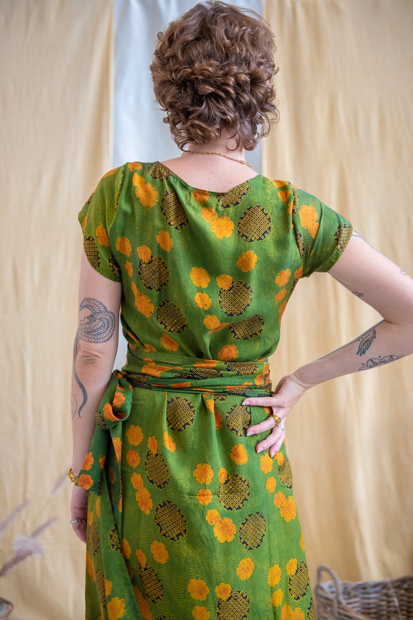 Wrap Tie Dress- Silk Modal - Green/Yellow